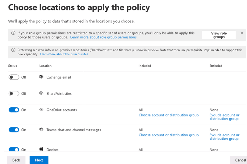 Interface for configuring Microsoft 365 Data Loss Prevention (DLP) policy locations. Shows options to apply the policy to Exchange email, SharePoint, OneDrive, Teams messages, and devices. Each location has toggles for enabling protection, with include/exclude filters for accounts or groups. Designed to safeguard sensitive data and meet compliance requirements